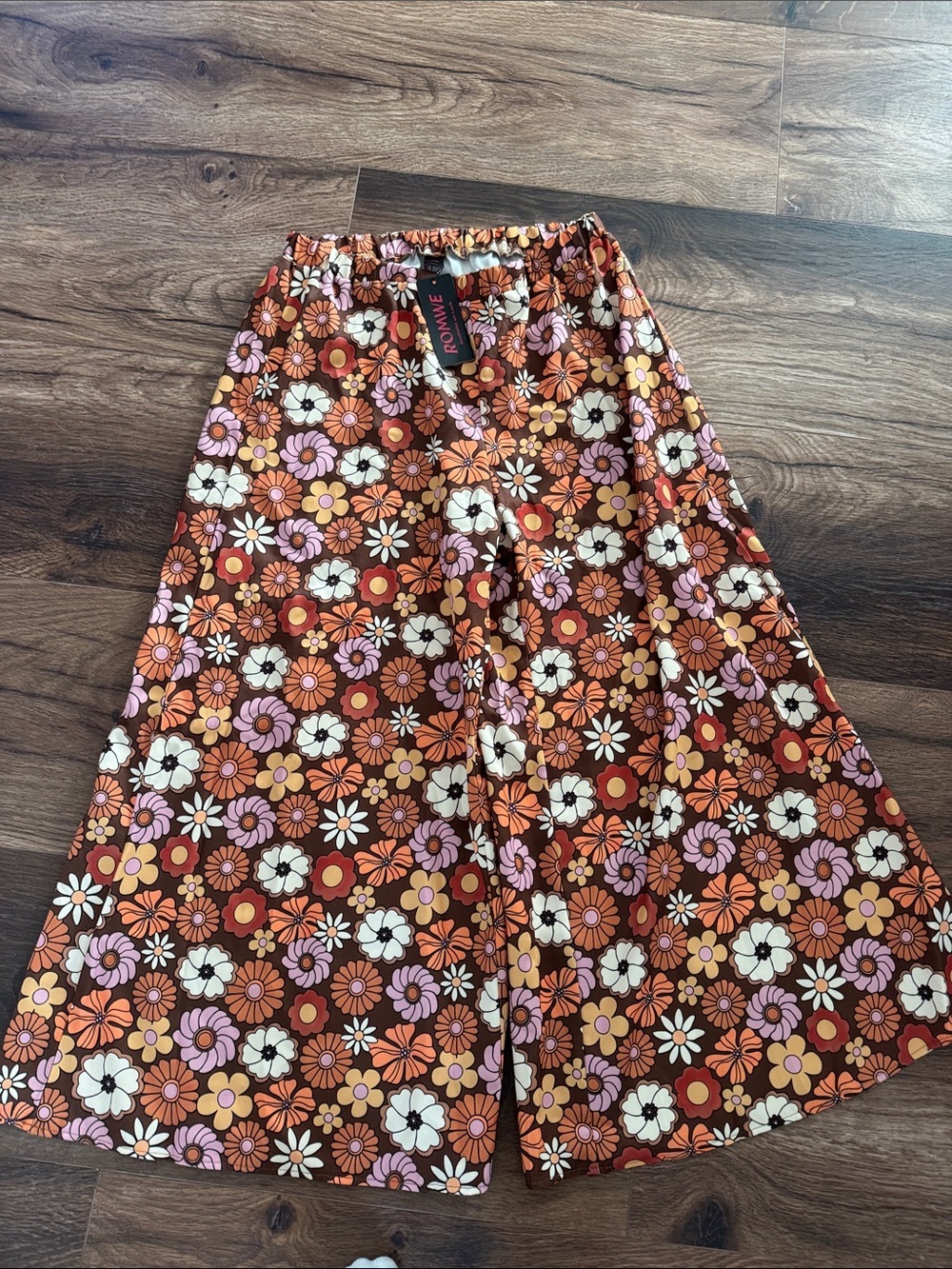 ROMWE Brown Floral Circle Skirt with Orange, Pink & Cream Flowers